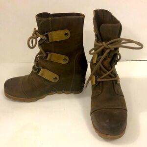 Sorel 37 (6.5 USA) Boot MIDI Brown Leather Lace up Wedge Joan of Arc Excellent